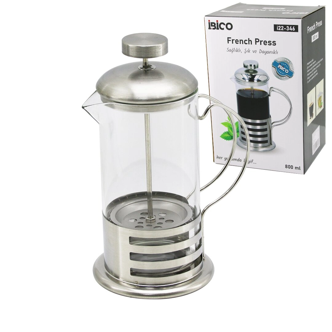 Şık Metal Kapaklı French Press 800ml Cam Bitki Süzgeci