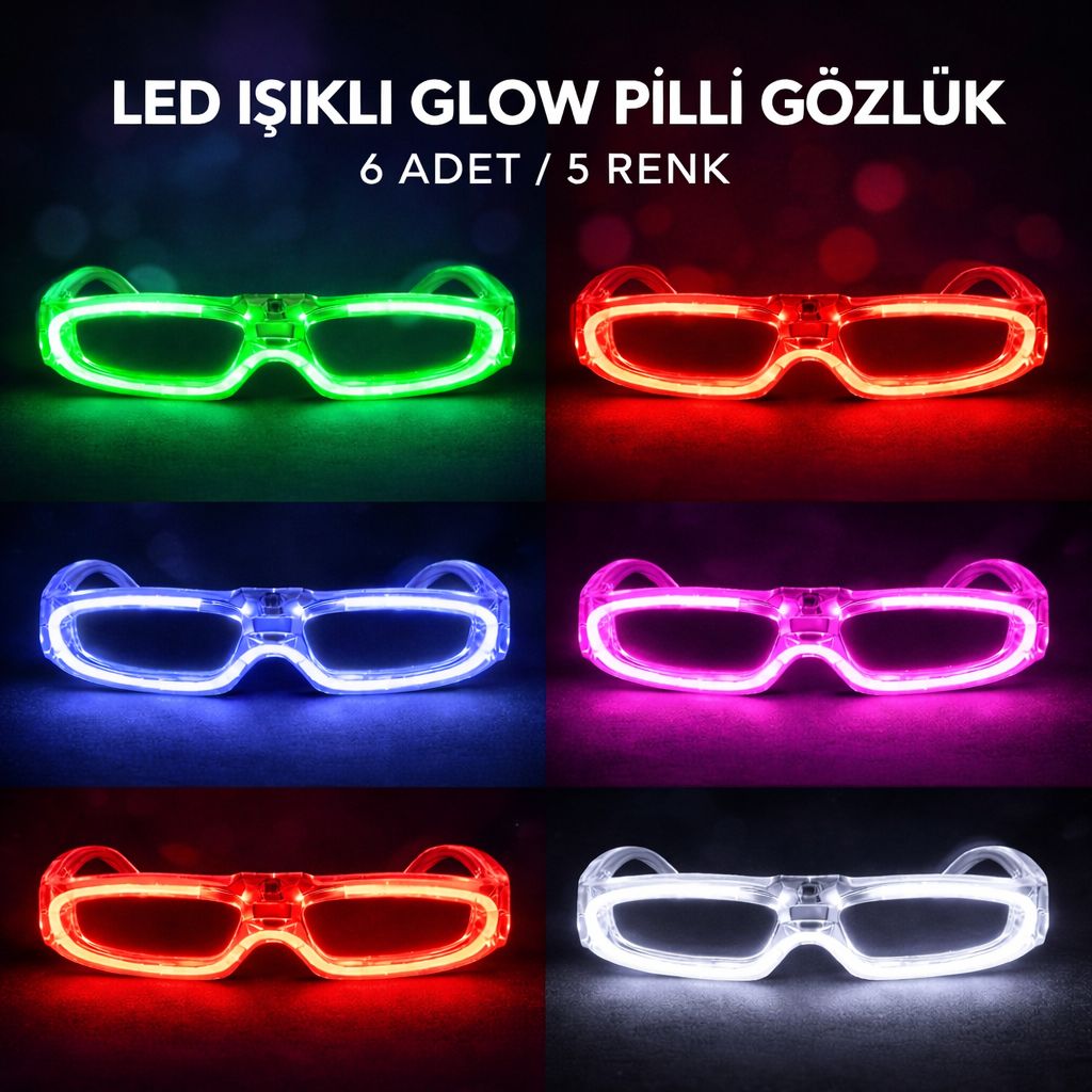 LED Işıklı Glow Pilli Parti Gözlüğü - Glow Efektli 6 Adet 5 Renk