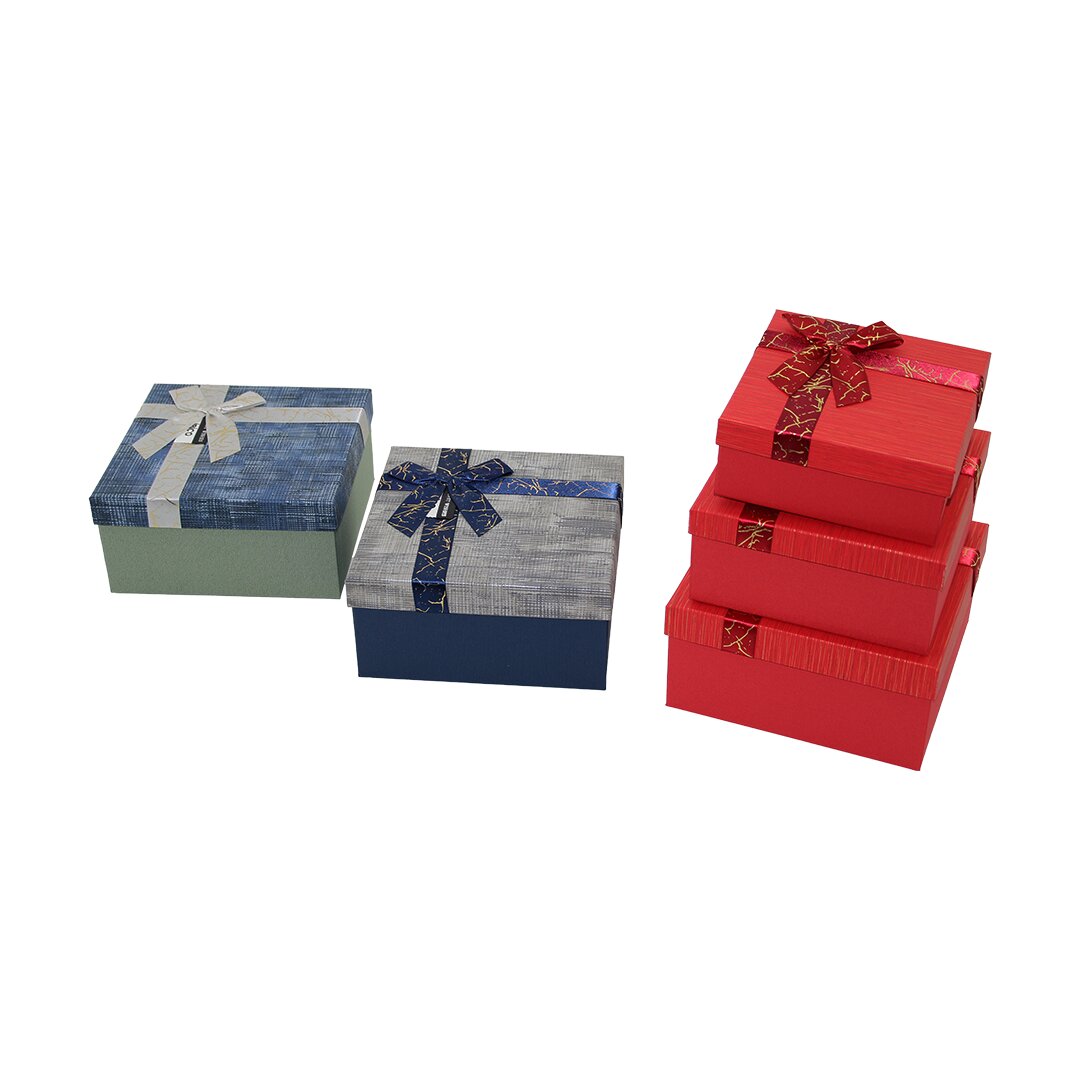 3PCS Kare Çizgili Mix Renkli Karton Hediye Kutusu Kurdelalı 19-17-15CM