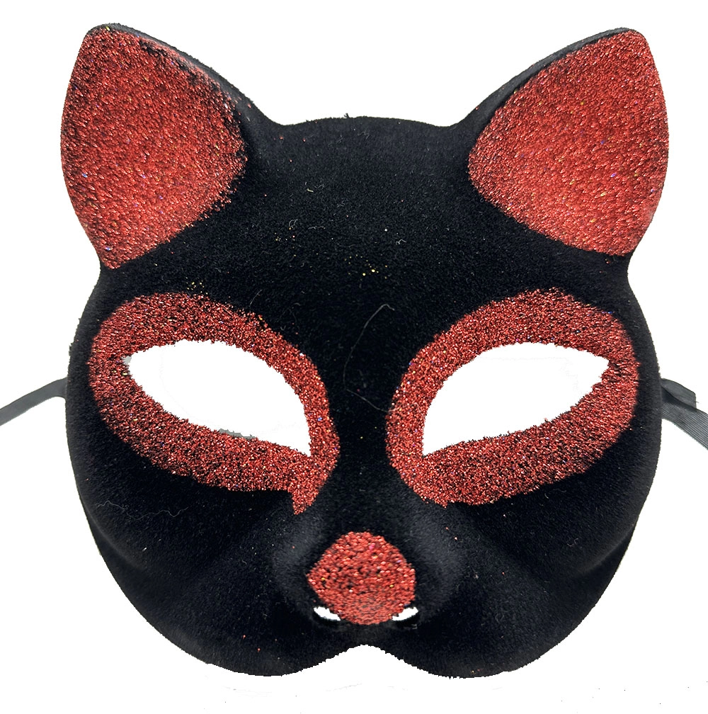 Şık Kırmızı Simli Süet Kedi Maskesi 18x14 cm