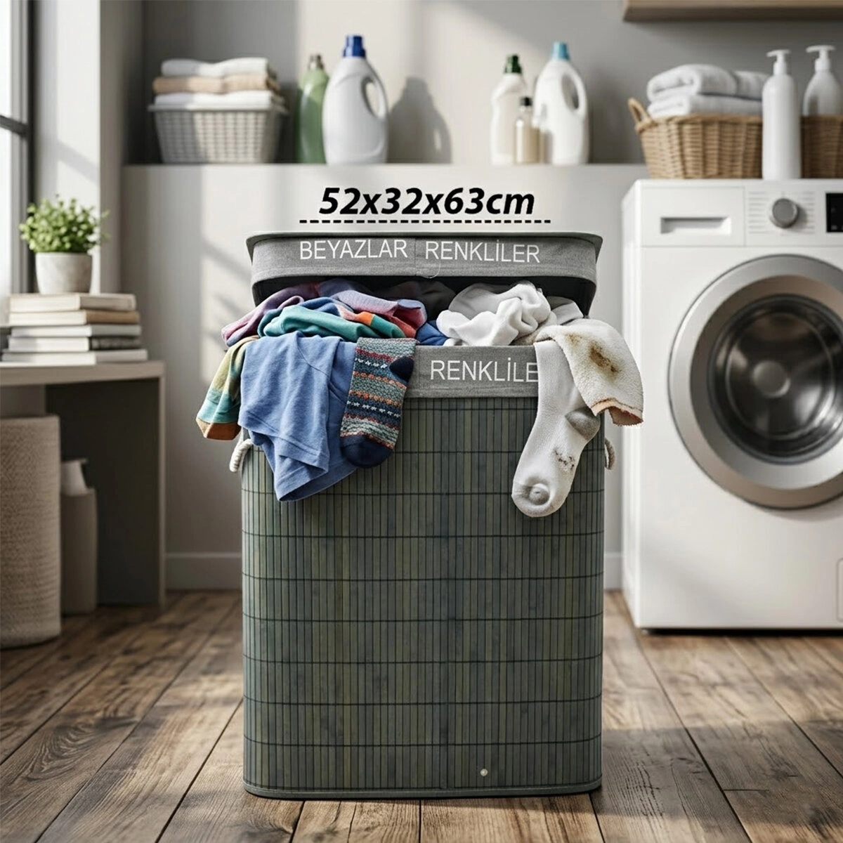 Şık Gri Dikdörtgen 2 Bölmeli 52x32 cm Bambu Ahşap Kirli Çamaşır Sepeti