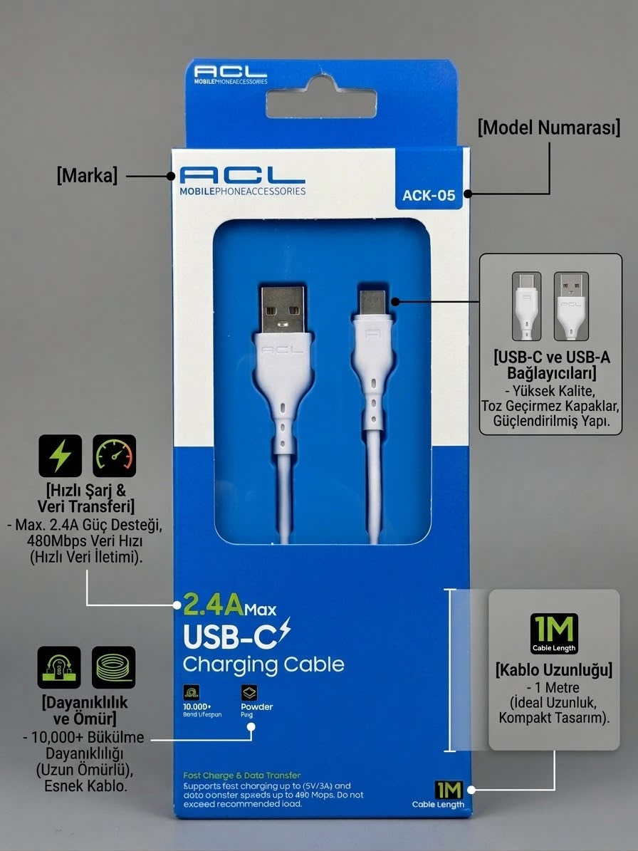 ACL ACK-05 2.4A USB-C Hızlı Şarj Kablosu 1 Metre