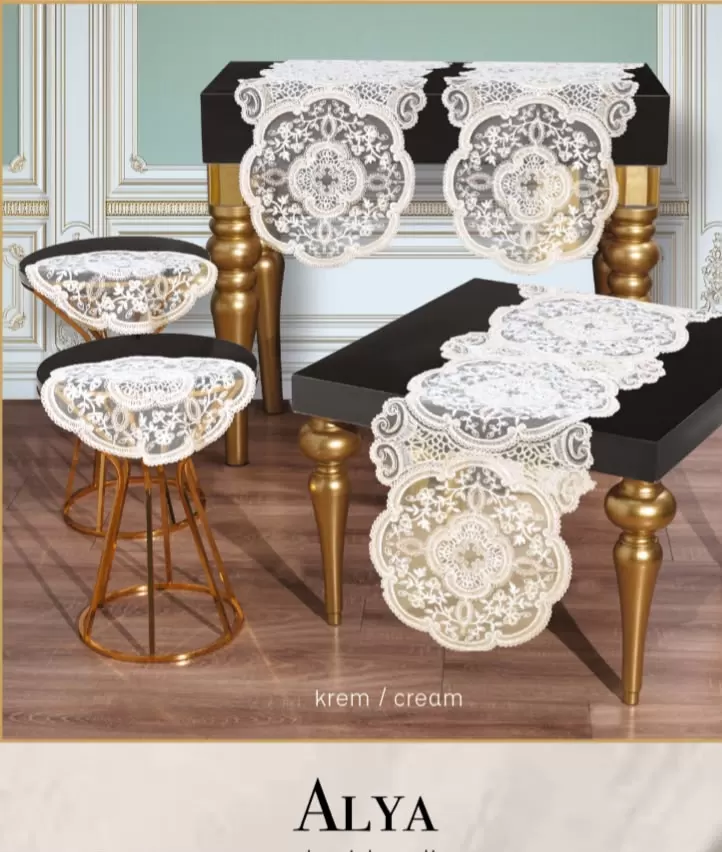 Salon Takımı 5 Parça Dantelli Masa Örtüsü Runner Seti Alya Model - Krem