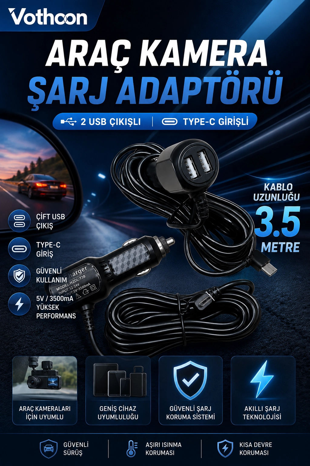 Araç Kamera Şarj Adaptörü 2 Usb’li Type-c Girişli 3.5 Metre Kablo Uzunluğu(Ürün Kamera Değildir)