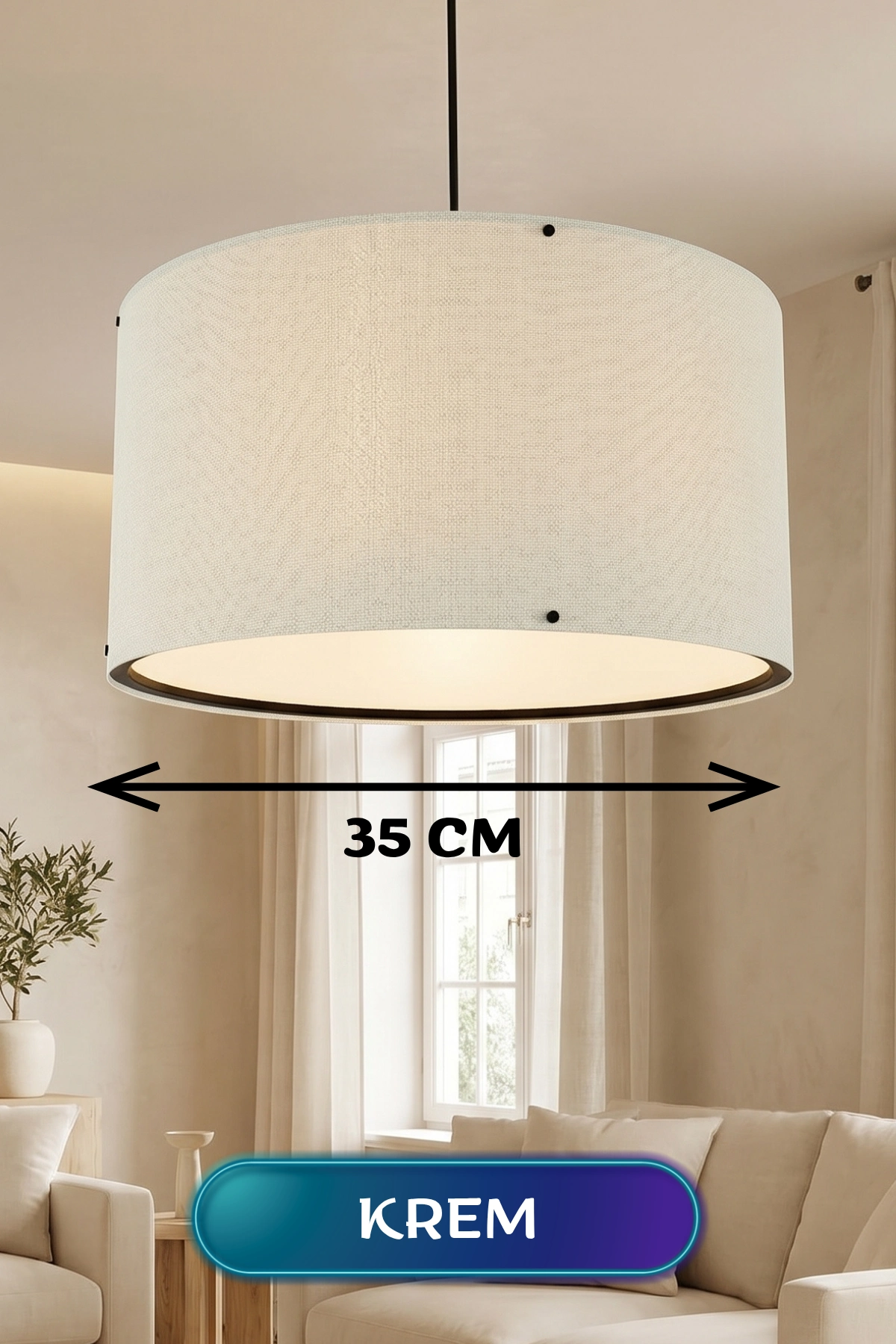 Şık Krem Kumaş Başlıklı Sarkıt Avize 35 cm İç Mekan