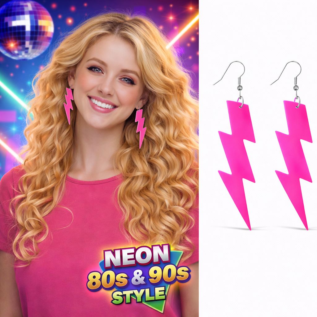 80?ler 90'lar Retro Neon Pembe Şimşek Küpe 10 cm