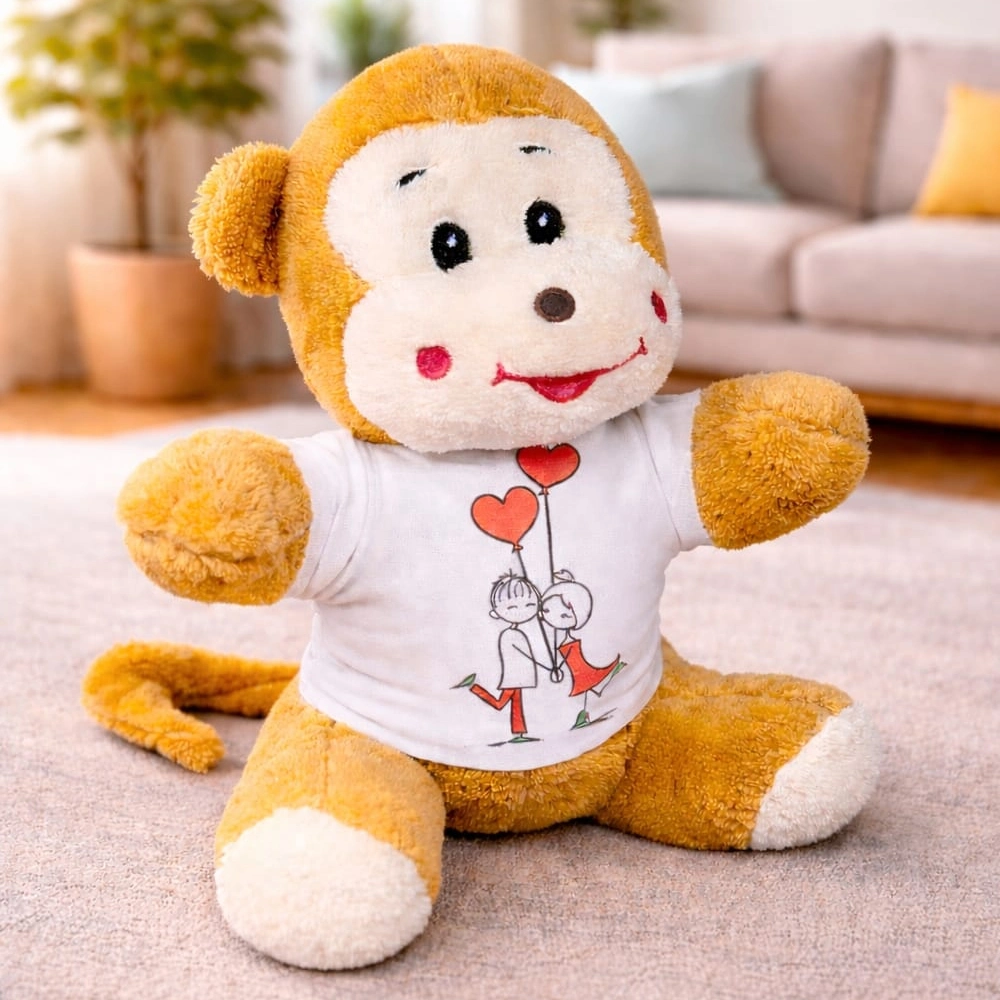 Sevimli Tişörtlü Peluş Maymun 25 cm Özel Gün Hediyesi