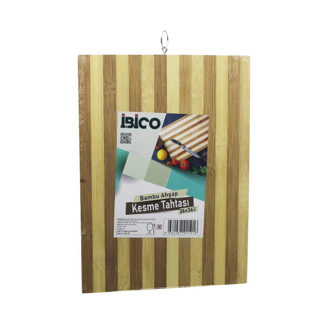 Beyaz Çizgili Ahşap Bambu Kesim Panosu - Kesme Tahtası Metal Kulplu 26 X 36 X 1.4CM