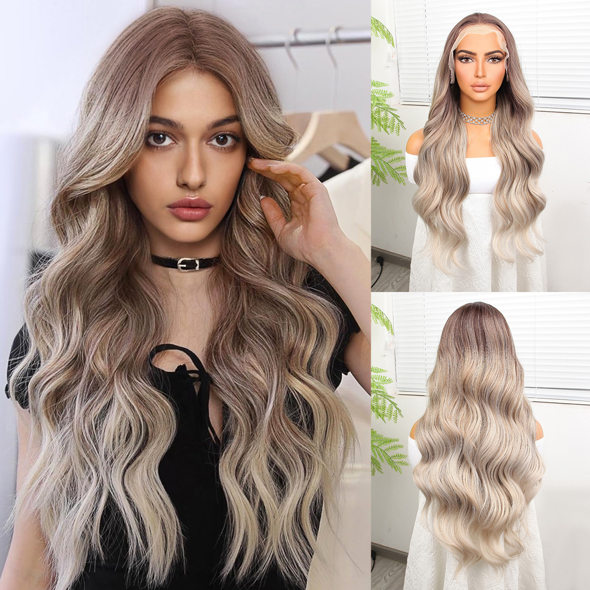 Rus Kumralı Beyaz Platin Ombre ve Röfleli Fiber Sentetik Geniş Dalgalı Tül Peruk