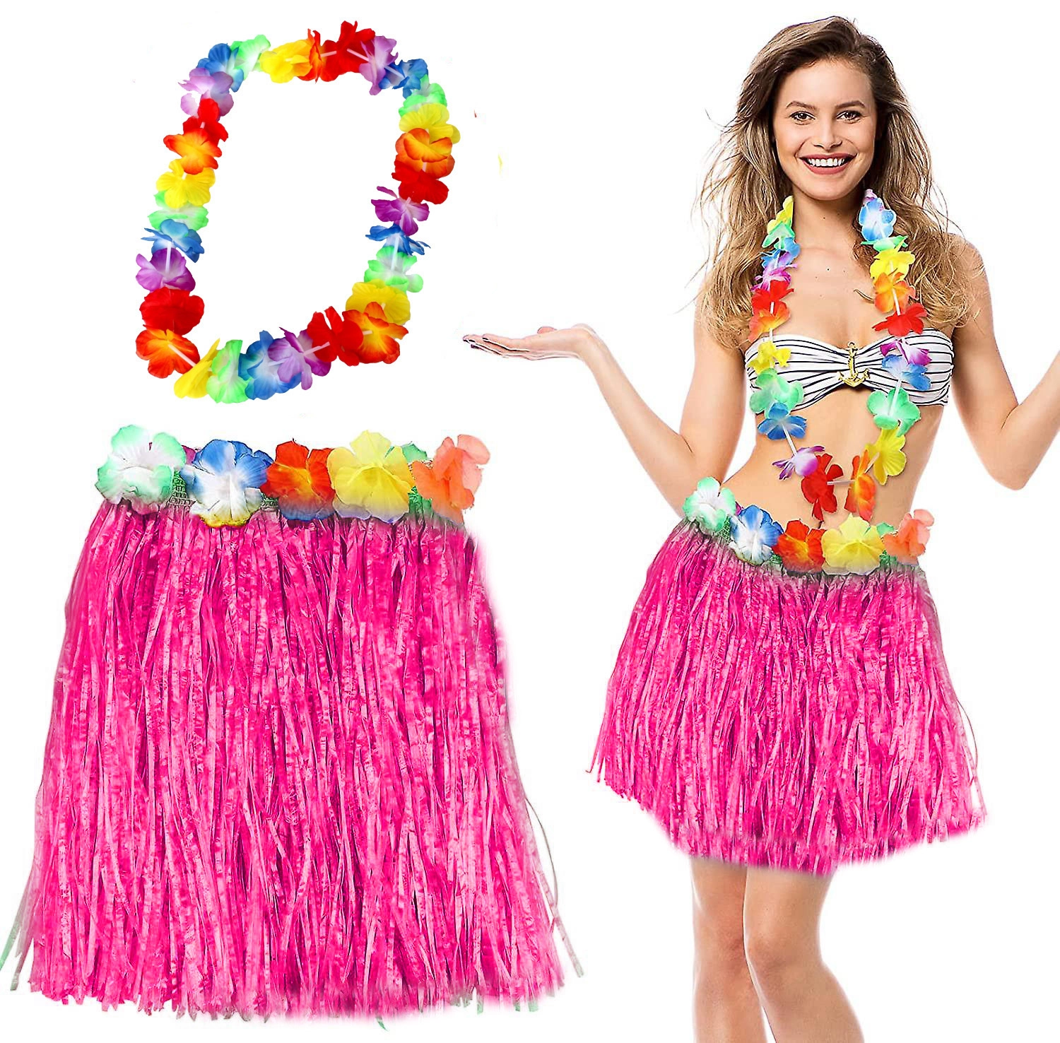 Aloha Hawaii Pembe Püsküllü Etek ve Kolye Seti 40 cm