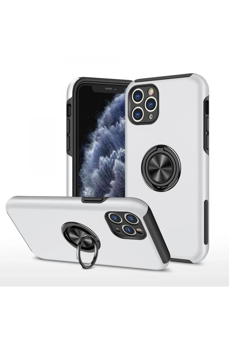 Apple iPhone 11 Pro Max Uyumlu Kılıf Elit Yüzüklü Kapak - Gümüş