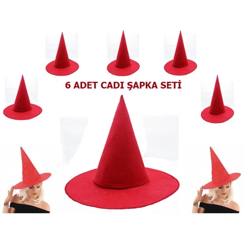 Eğlenceli Kırmızı Cadı Şapkası 6 Adet Yetişkin ve Çocuk Uyumlu