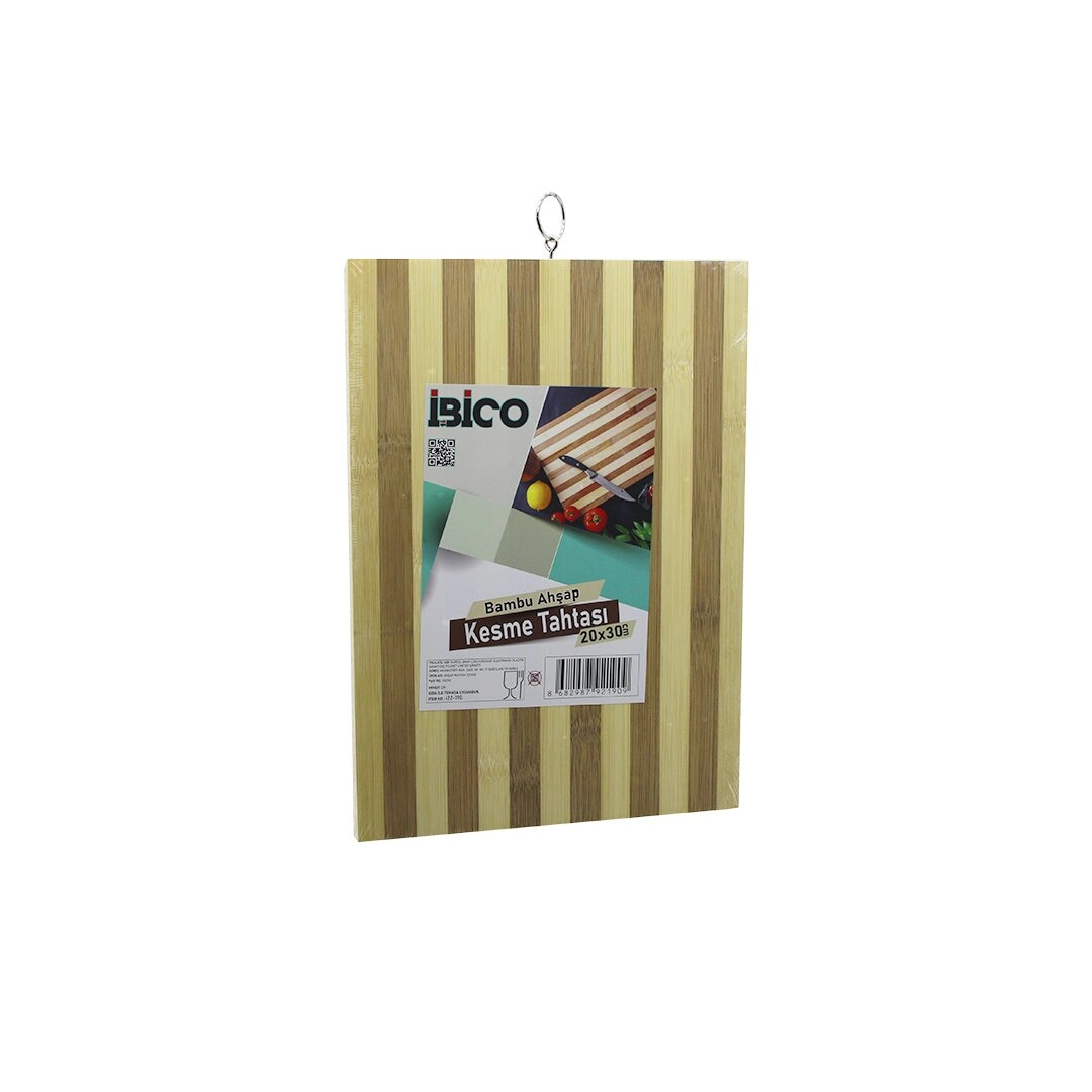 Beyaz Çizgili Ahşap Bambu Kesim Panosu 20x30 cm Metal Kulplu