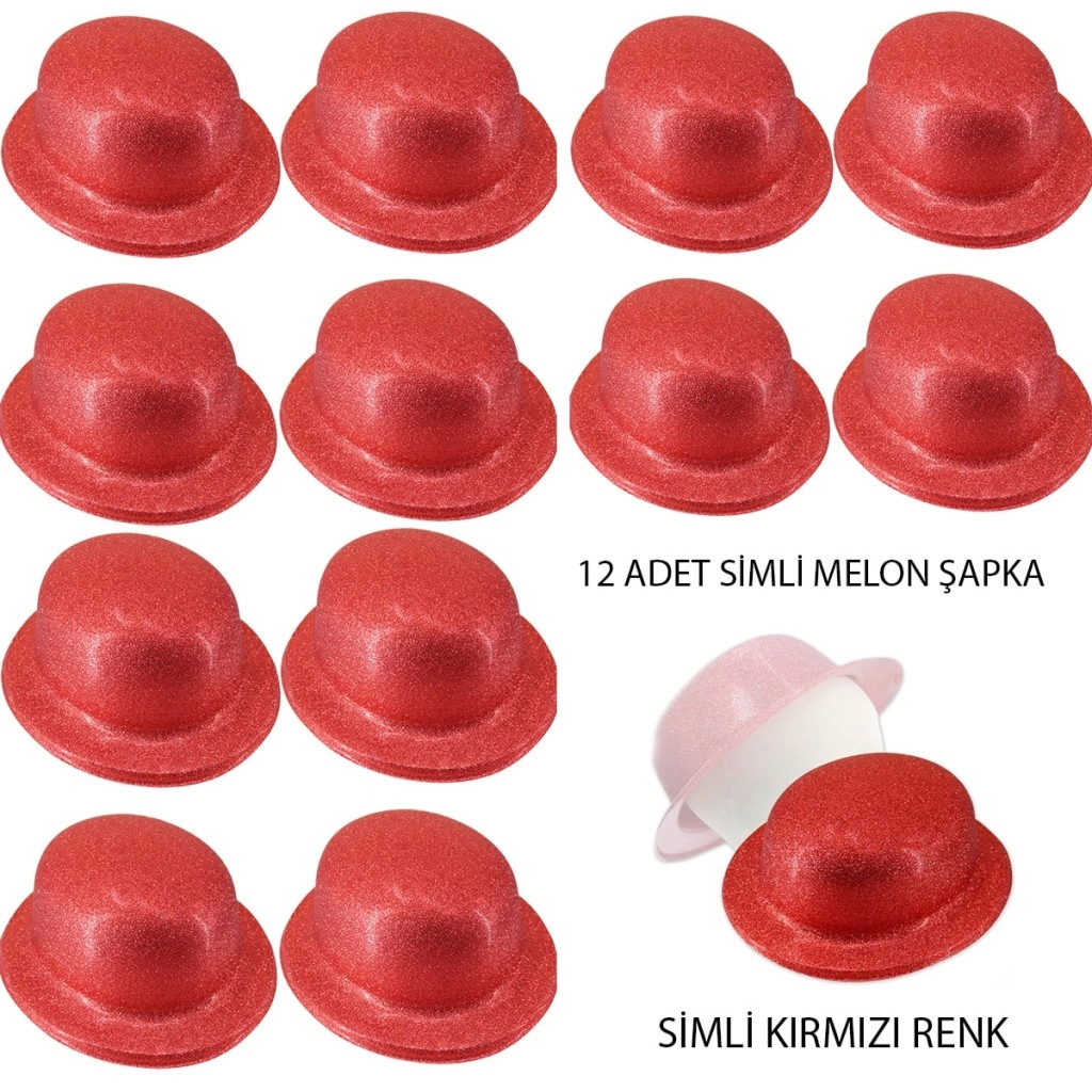 Simli Kırmızı Melon Parti Şapkası 12 Adet