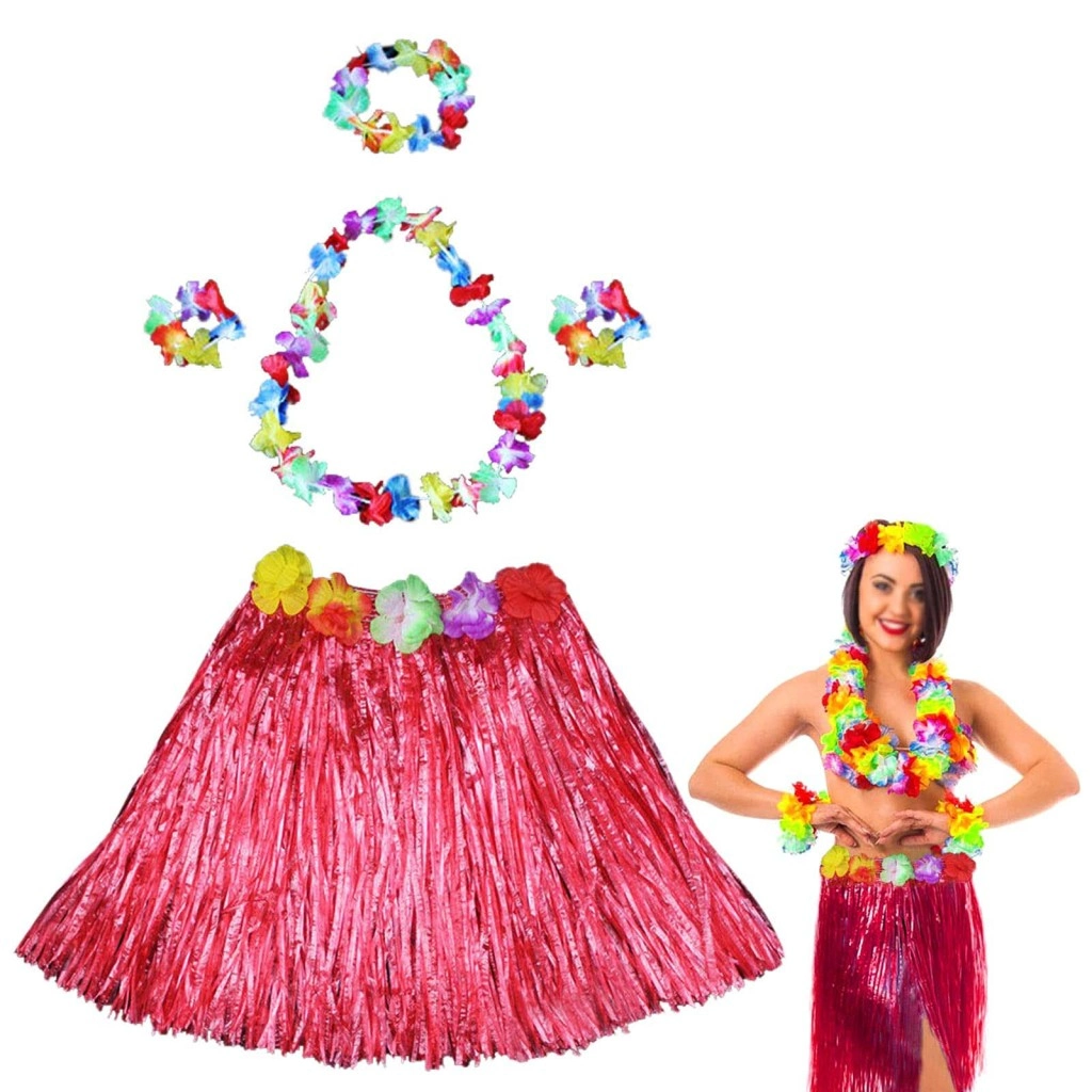 Kırmızı Hula Etek ve Çiçek Kolye Seti - Hawaii Dans Kostümü