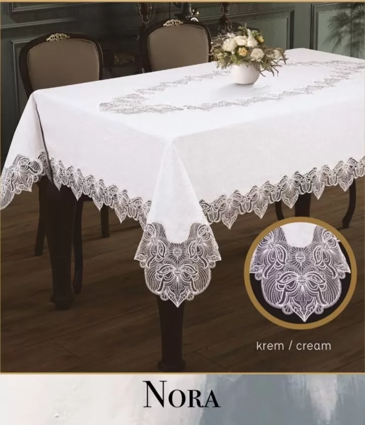 Nora Krem-Krem 155x220 cm Keten Masa Örtüsü Modern Yemek Masası Örtüsü Tasarım