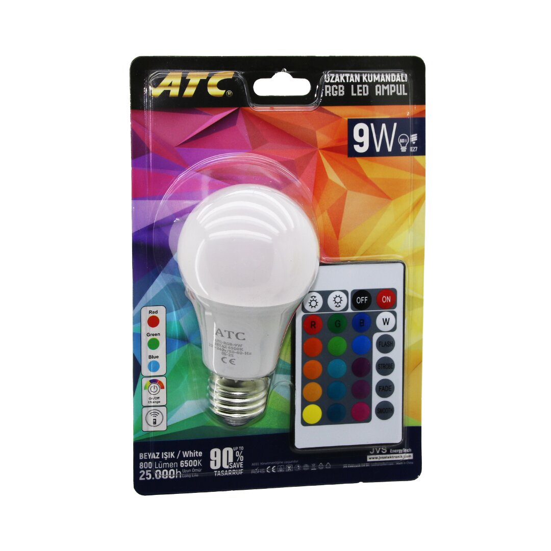 ATC-RGB-9W Kumandalı 9W=60W RGB=16-RENKLİ Led Ampul E27 800 Lümen 6500K 25.000 Saat Ömür