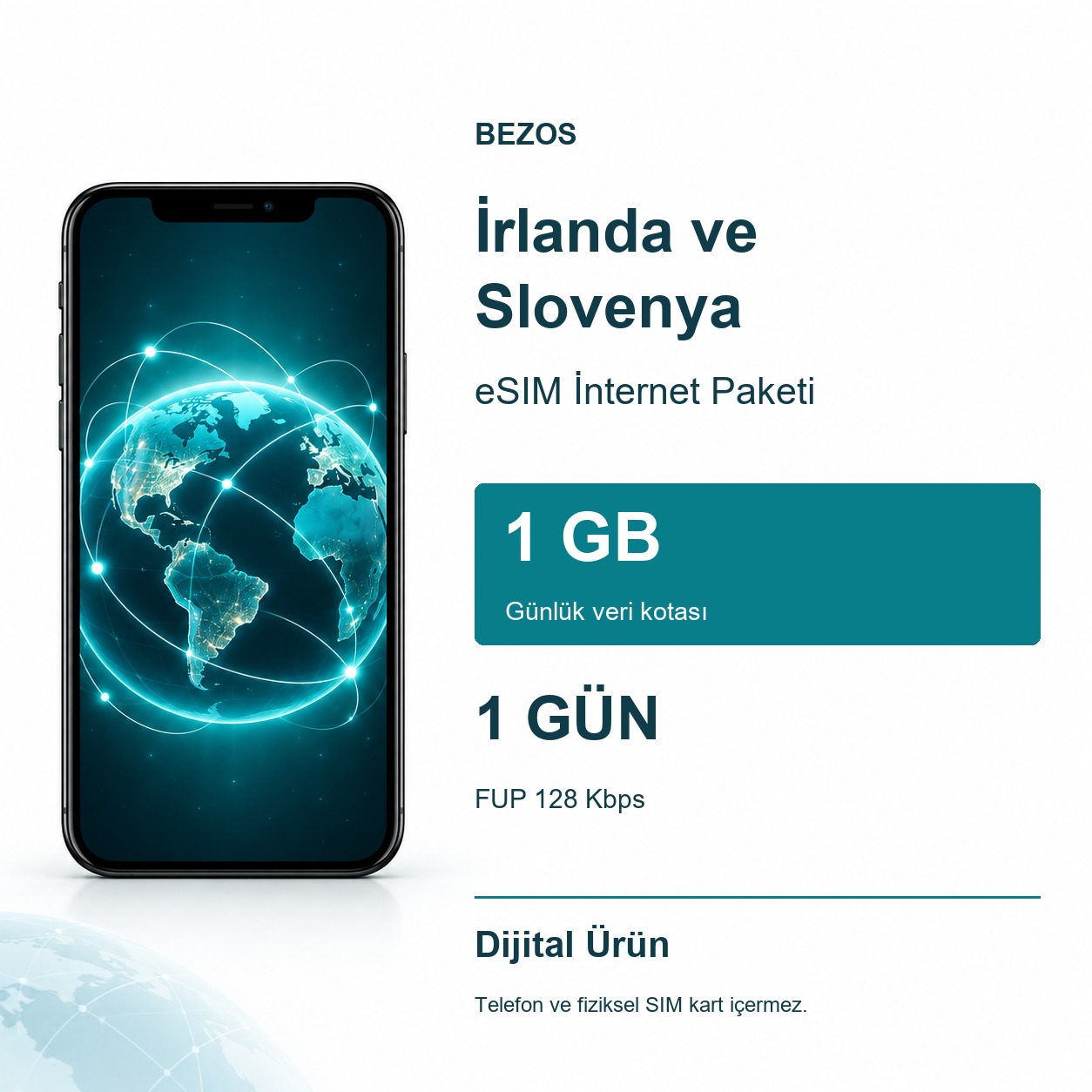 İrlanda ve Slovenya eSIM İnternet Paketi Günlük 1 GB 1 Gün - FUP 128 Kbps