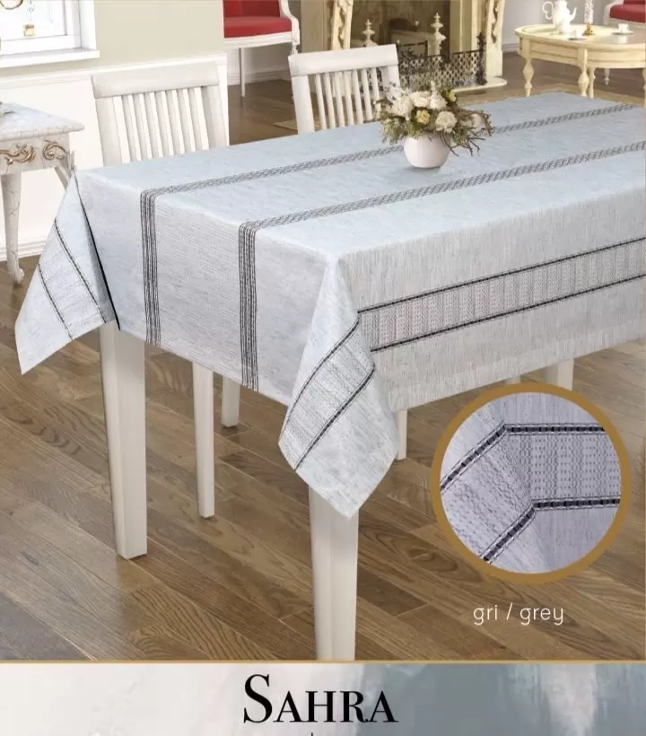 Sahra Model Gri 160x220 cm Polyester Ajurlu Keten Masa Örtüsü Tablecloth Şık Tasarım