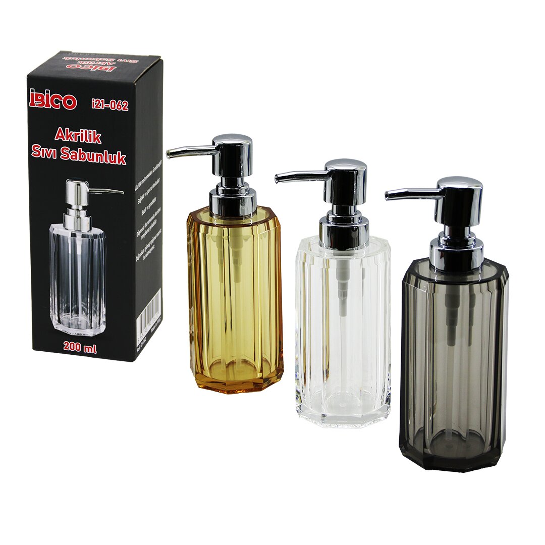 Uzun Sekizgen Şeffaf - Renkli Akrilik - Mika Kristal Sıvı Sabunluk 200ML