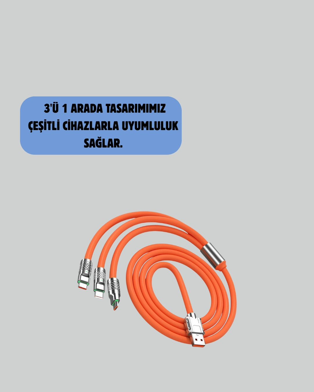 3'ü 1 USB Şarj Kablosu 120 W Hızlı Şarj ve Dolaşmaz Tasarım
