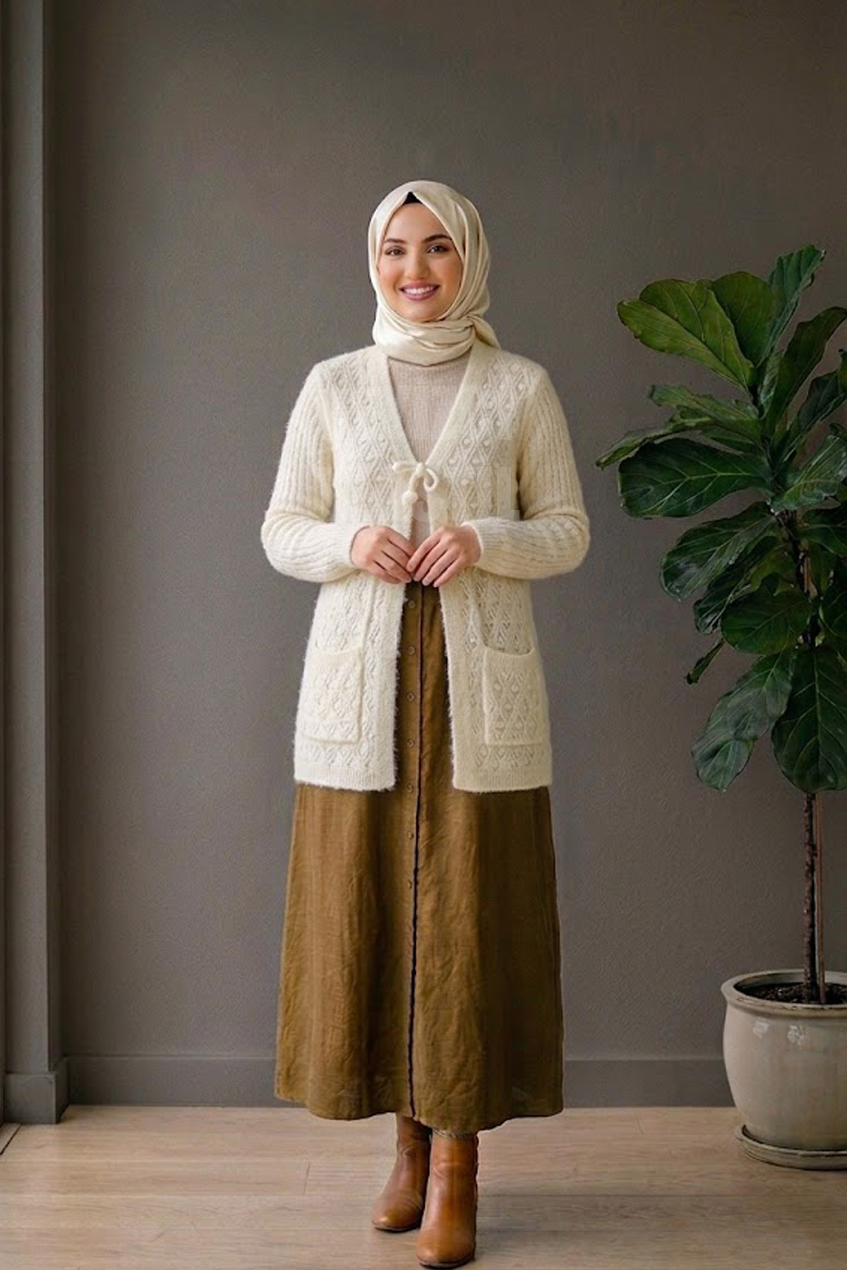 Yumoş Ponpon Bağlamalı Yelek - Krem
