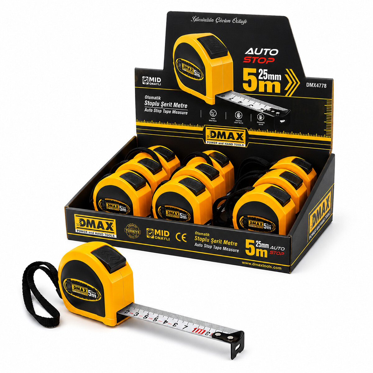 12 Adet 5MT X 25MM Otomatik Çelik Şerit Metre Stoplu