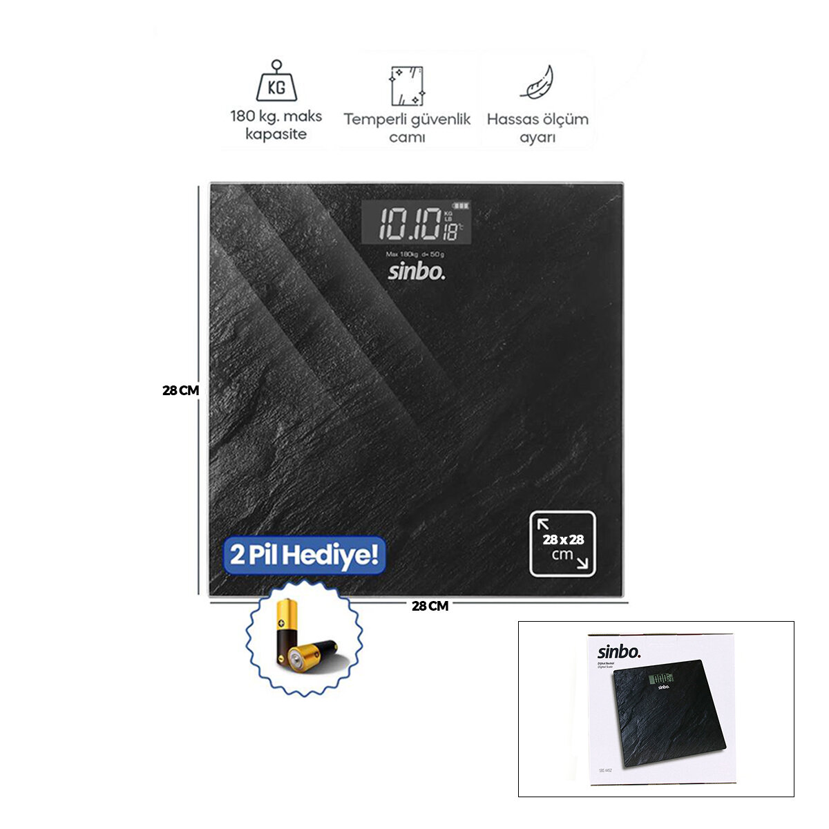 Dijital - Pilli Banyo Baskül Terazi Tartı Lcd Ekran - Sıcaklık Gösterge 180KG/50GR 28X28CM SBS-4452