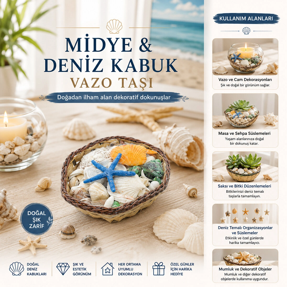 Renkli Mix Midye Deniz Kabuk Vazo Taşı 1 Adet Ahşap Sepetli