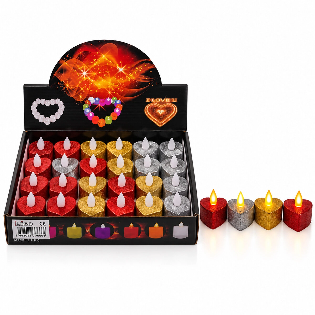 Simli Renkli Kalpli LED Mum 3.5 cm 24 Adet Set