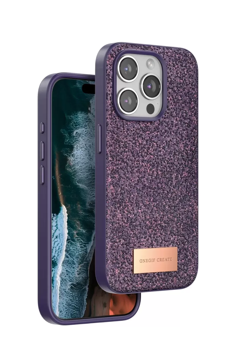 Onegif Apple iPhone 14 Pro Max Uyumlu Bright Simli Kapak - Derin Mor