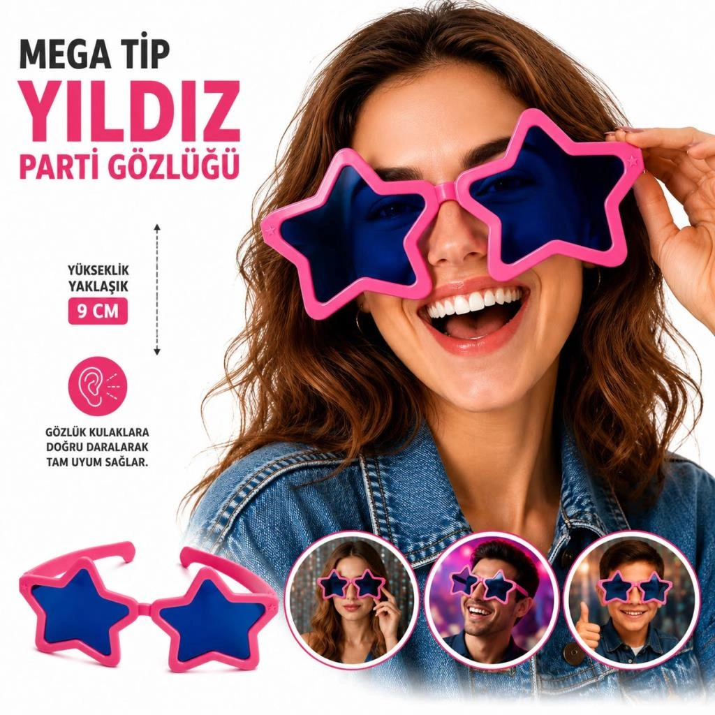 Pembe Renk Mega Tip Yıldız Parti Gözlüğü 1 Adet