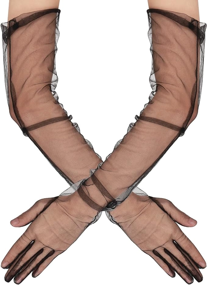 Şık Mega Tül Eldiven 53 cm Siyah Renk Yetişkinler İçin