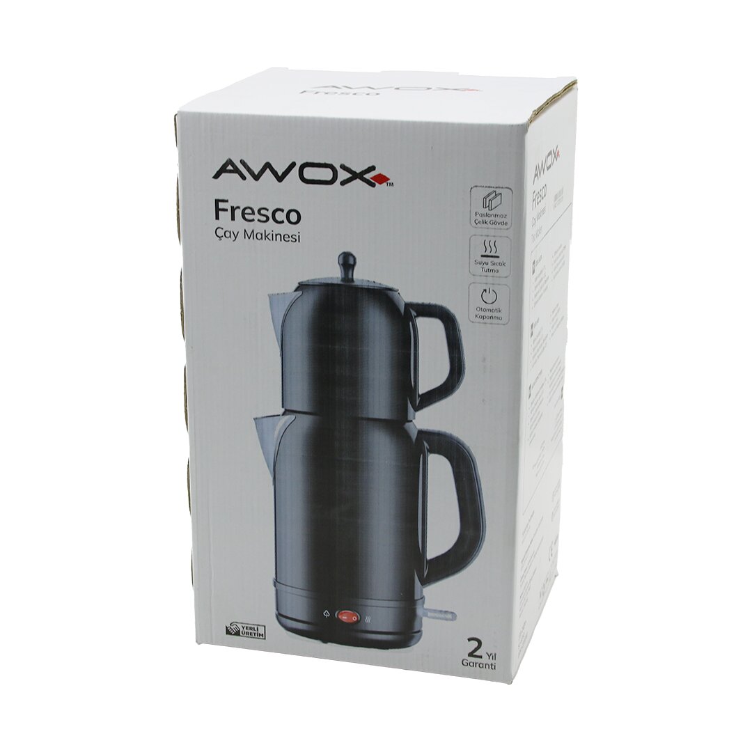 Awox Fresco Siyah Elektrikli Çay Makinesi Çaycı Set 1.7LT Su Isıtıcı + 1.2LT Demlik Paslanmaz Çelik Gövde 2200W