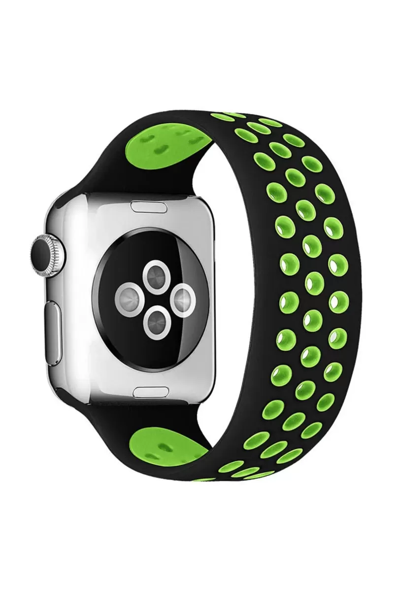 Apple Watch 38mm Uyumlu Ayarlı Delikli Silikon Kordon - Siyah-Yeşil