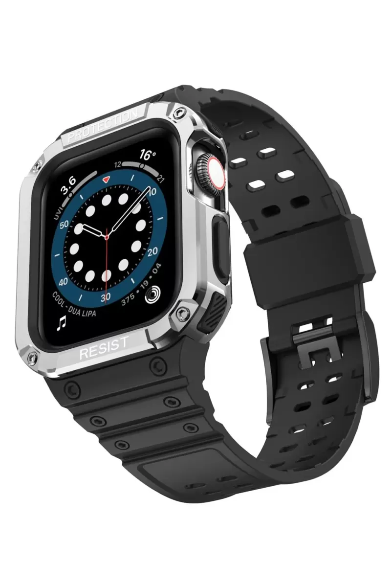Apple Watch 42mm Uyumlu KR401 Silikon Kordon - Siyah-Gümüş