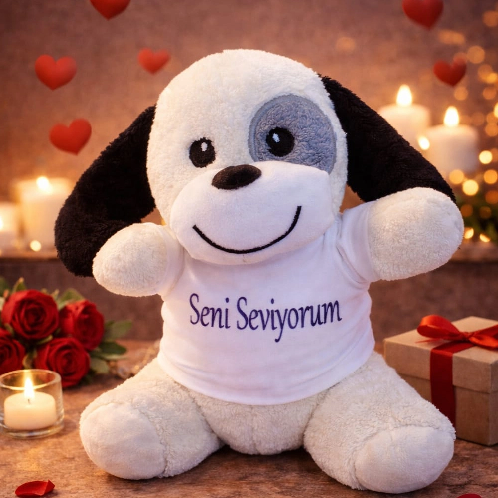 Sevimli Peluş Köpek 25 cm Tişört ile Hediye Seçeneği