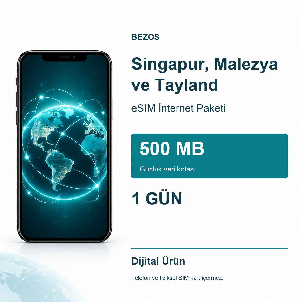 Singapur, Malezya ve Tayland eSIM İnternet Paketi Günlük 500 MB 1 Gün