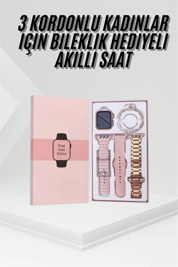 Kadın Akıllı Saat Rose Gold 3 Kordon ile Hediye
