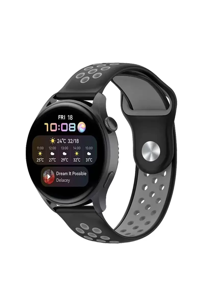 Watch 20mm Uyumlu Spor Delikli Kordon - Siyah-Gri
