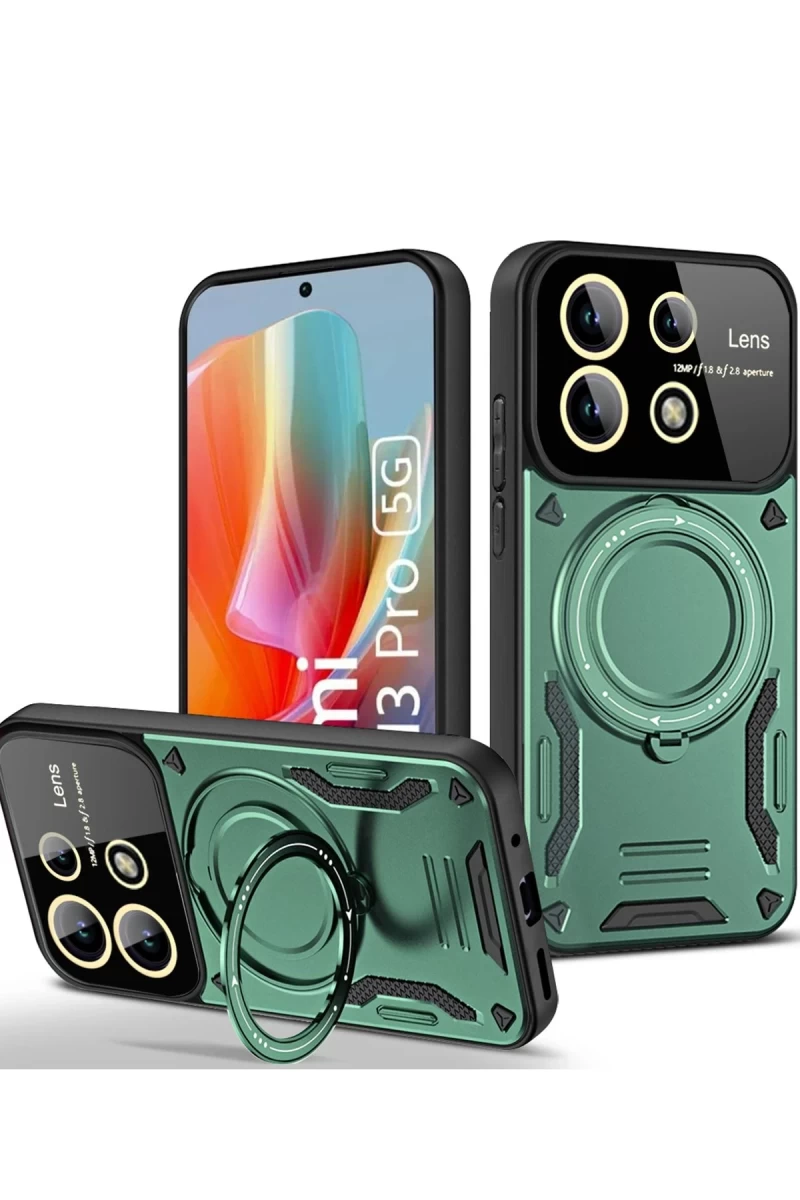 Xiaomi Redmi Note 13 Pro 5G Uyumlu Kılıf Joy Lens Standlı Kapak - Koyu Yeşil
