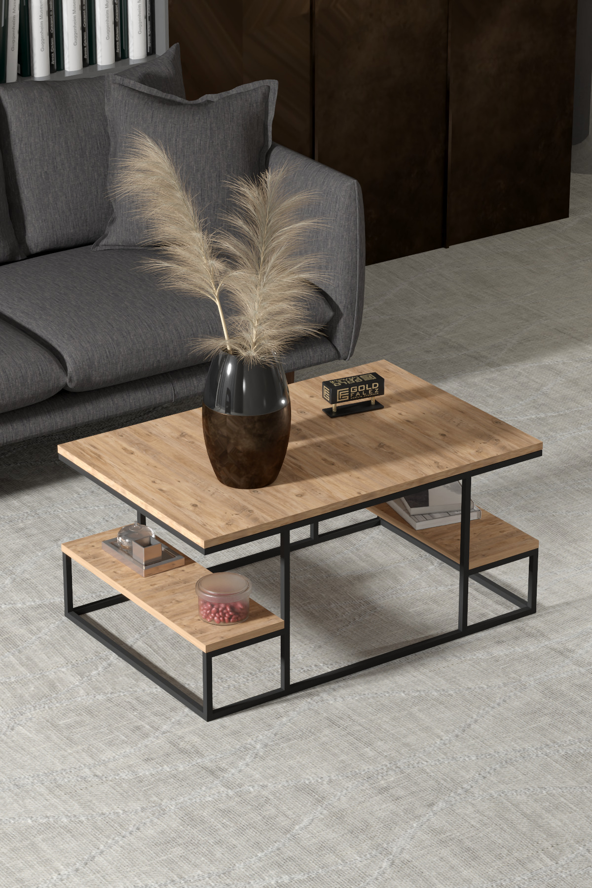 Deluxe Raflı Orta Sehpa Çam 90x60