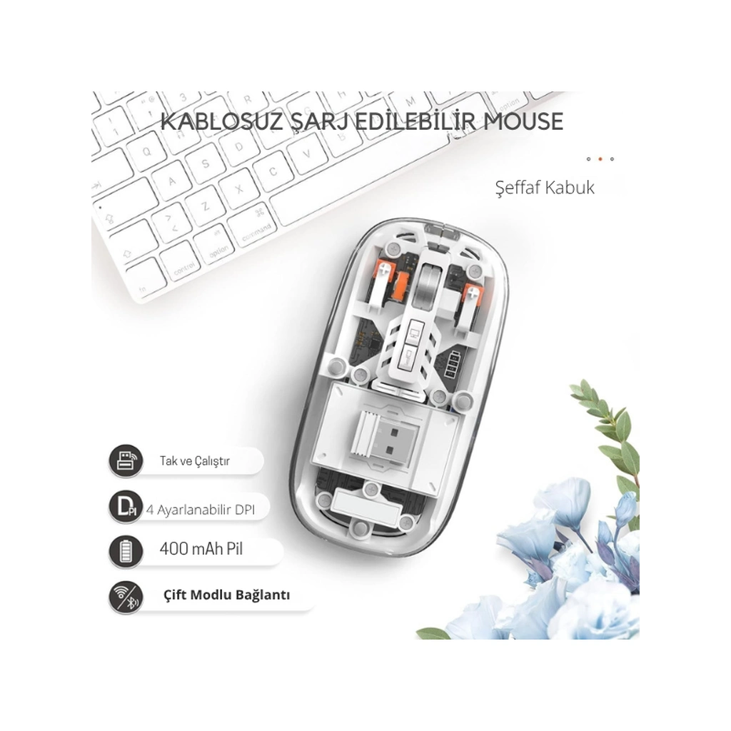Kablosuz Bluetooth Mouse 501 Beyaz Renkli Tasarım