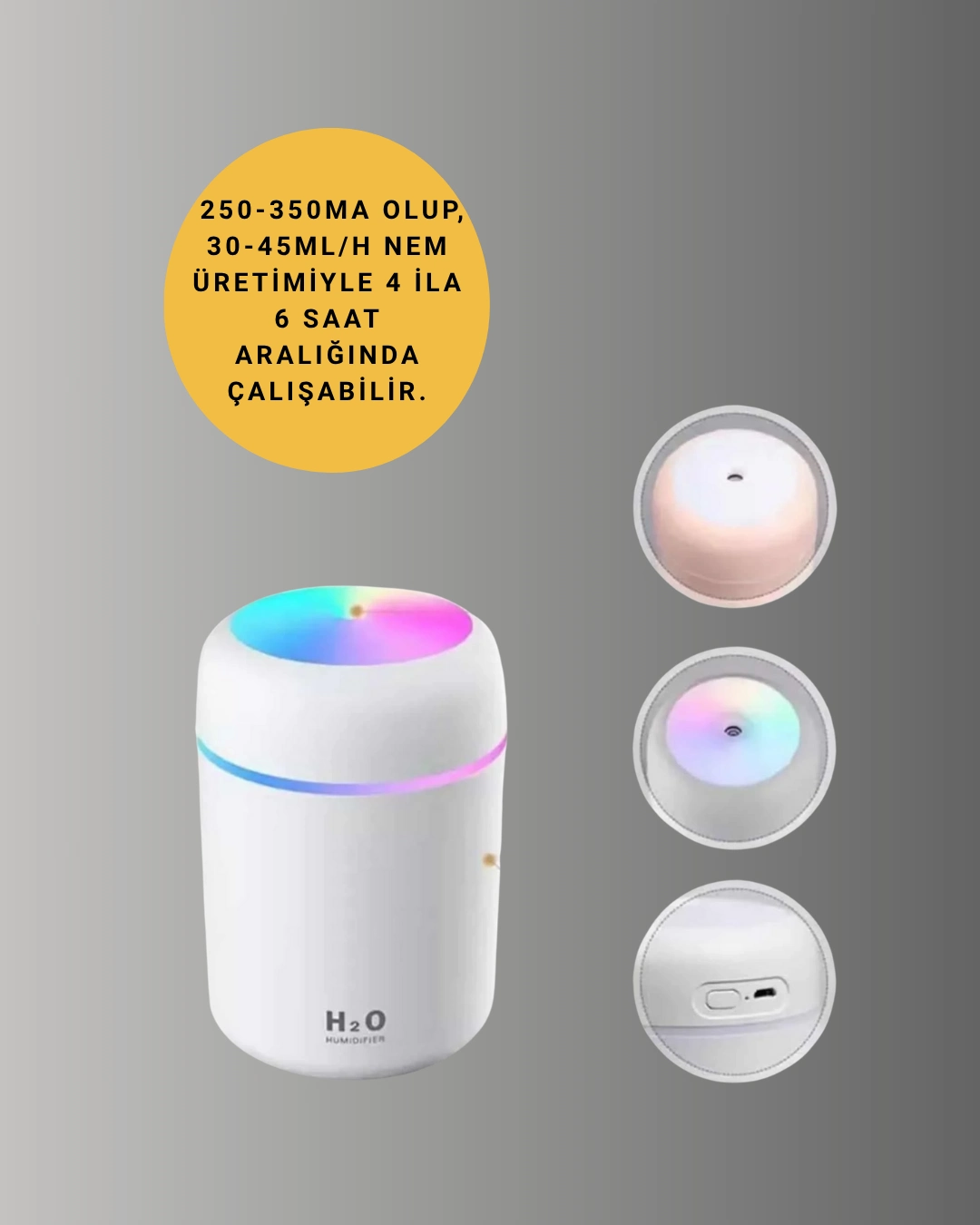 Renkli Işık Taşınabilir Hava Nemlendirici USB Bağlantılı 300 ml
