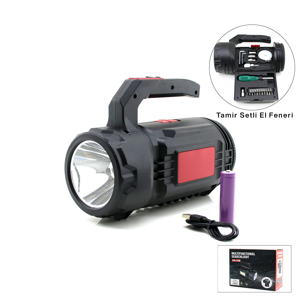 2İN1 19PCS = Tamir - Hırdavat Seti El Fener - Projektör Led + Cob Usb - Type-c - Pil Şarjlı HS-310