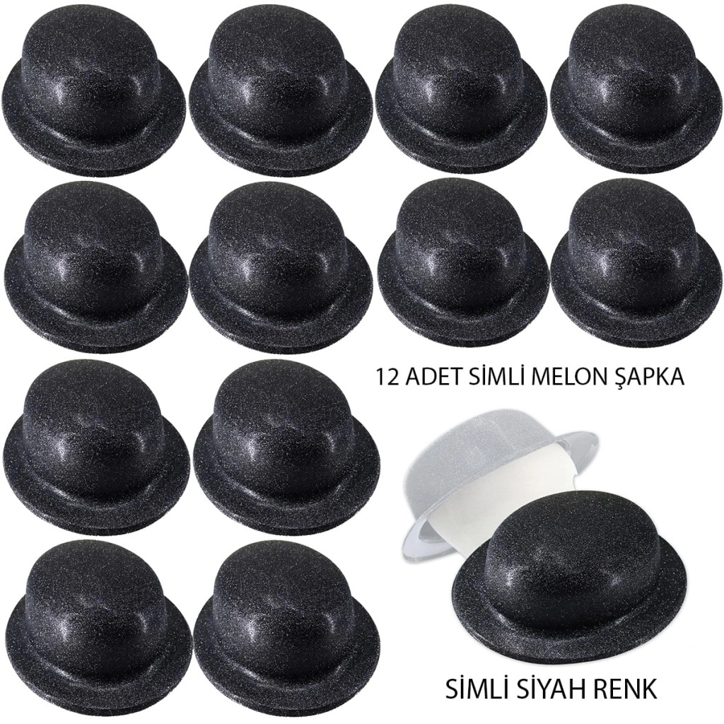 Simli Melon Yuvarlak Parti Şapkası 12 Adet Siyah