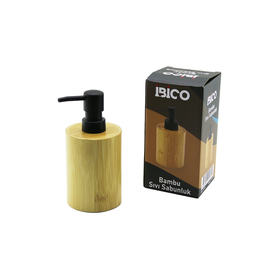 Yuvarlak Ahşap Bambu Sıvı Sabunluk Siyah Plastik Pompa Çap: 8CM - Y: 11CM