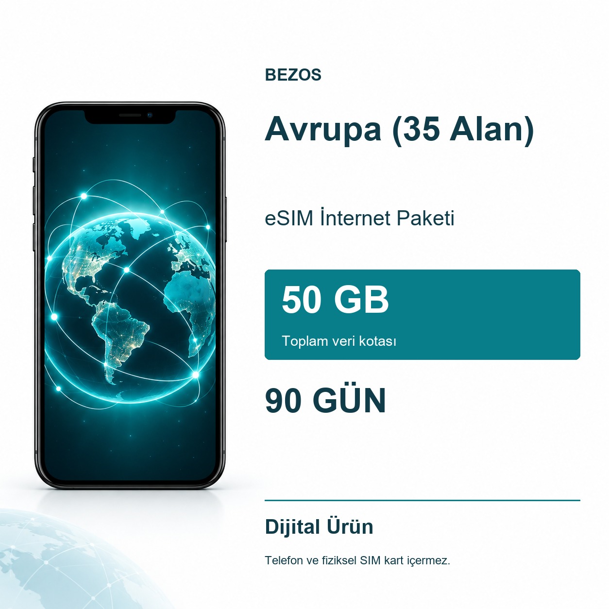 Avrupa (35 Alan) eSIM İnternet Paketi 50 GB 90 Gün