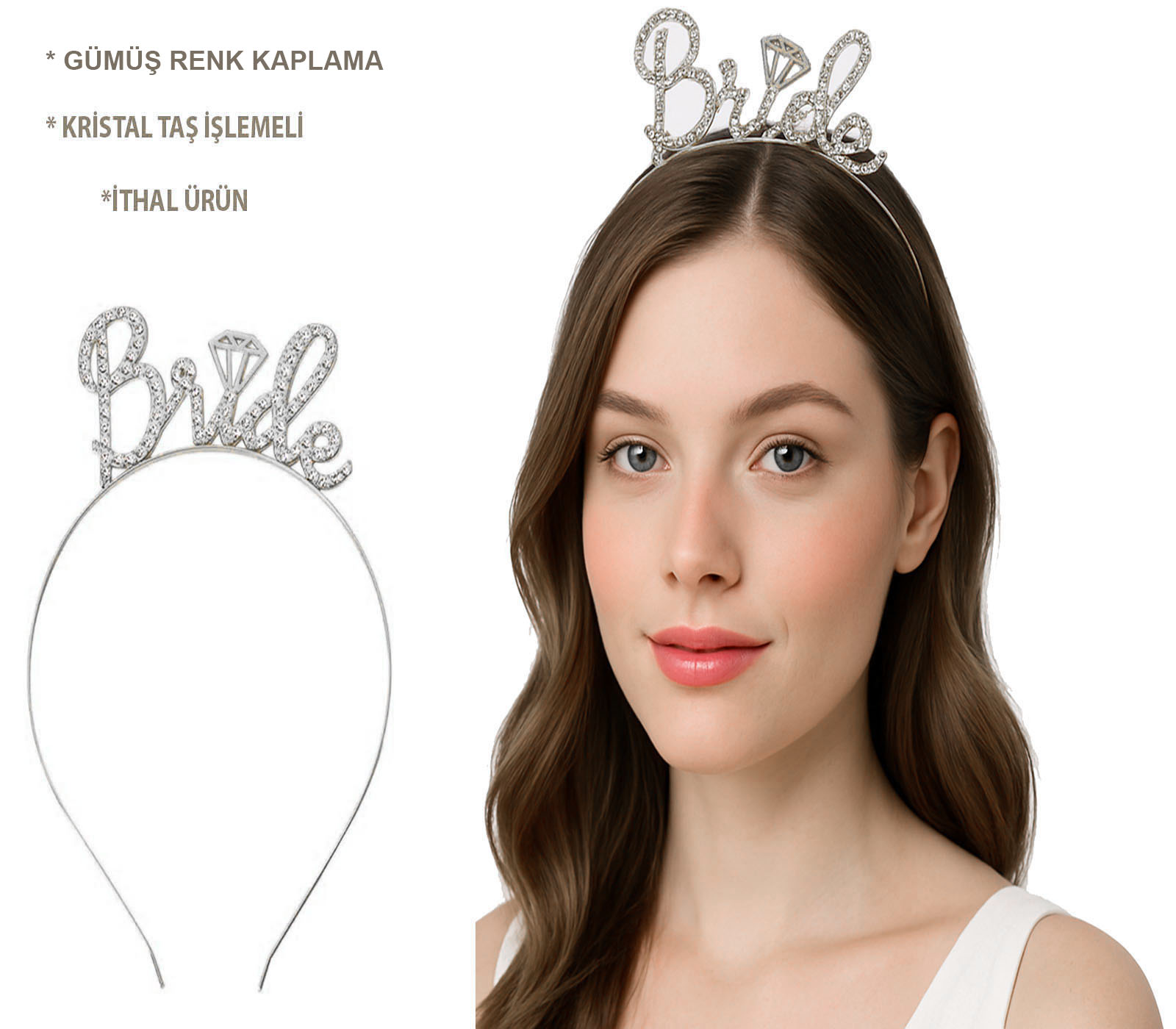 Gümüş Renkli Taşlı “Bride” Gelin Tacı – El Yazısı Yazı Tipiyle