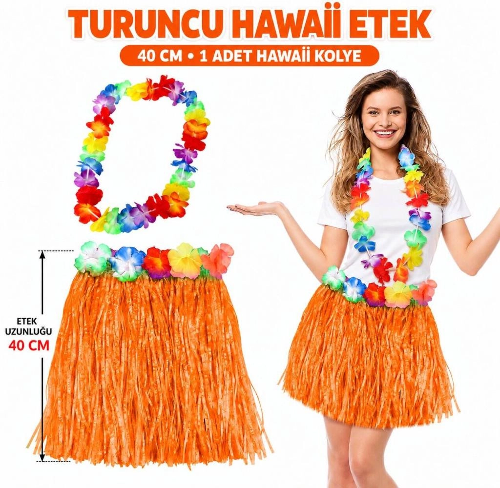 Turuncu Püsküllü Hawaii Etek ve Kolye Seti 40 cm